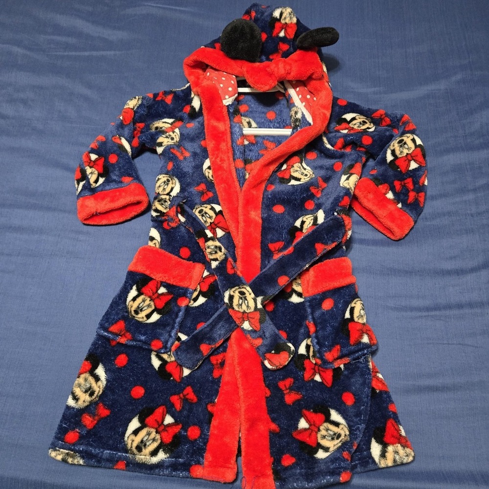 Disney Robe Girls 4 Blue Minnie Mouse Ear Fleece Hooded Belted‎ Winter Sleepwear